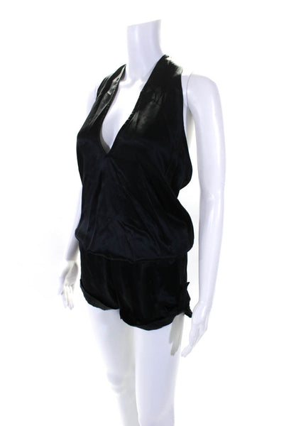 Alexis Womens Open Back Halter V Neck Cuffed Silk Romper Black Size Extra Small