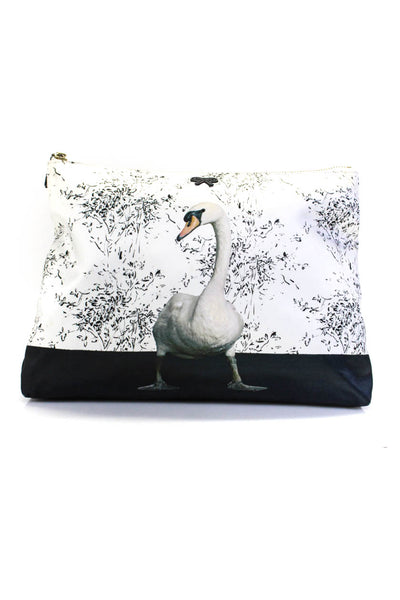 Anya Hindmarch Nylon Goose Graphic Print Top Zip Large Clutch Bag White Black