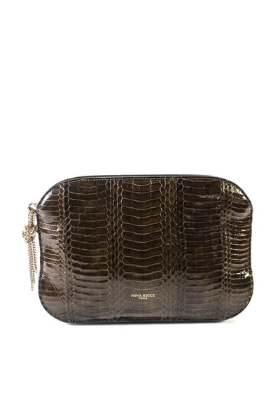Nina Ricci Womens Brown Embossed Leather Zip Flat Clutch Bag Handbag