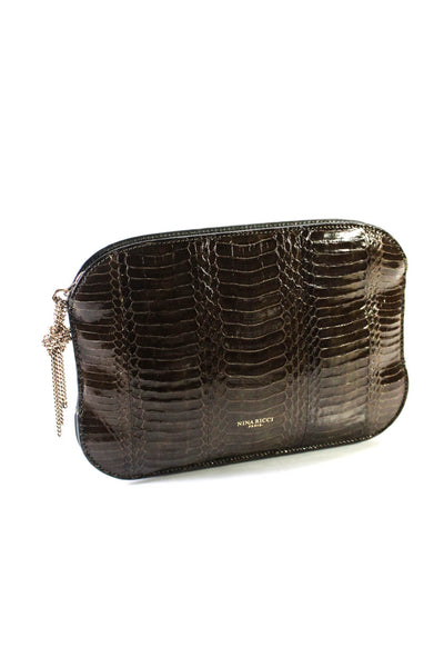 Nina Ricci Womens Brown Embossed Leather Zip Flat Clutch Bag Handbag