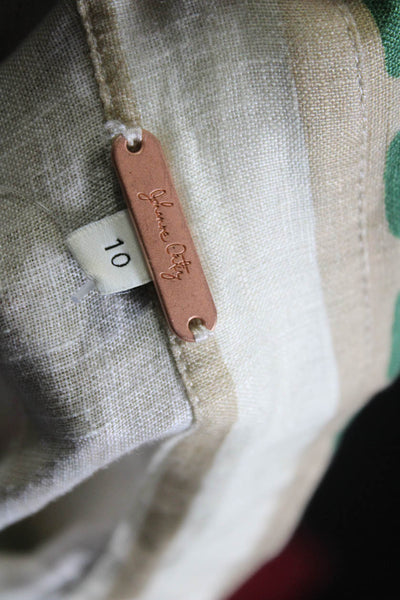 Johanne Ortiz Womens Linen Abstract Printed Button Up Crop Blouse Beige Size 10