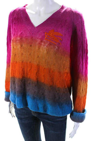 Etro Womens Wool Cable Knit V-Neck Long Sleeve Sweater Top Multicolor Size 42