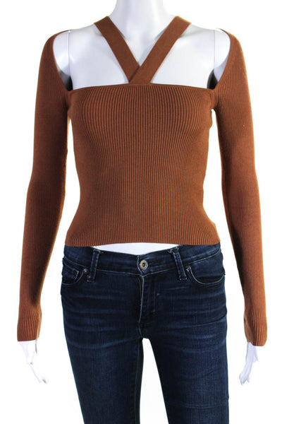 Intermix Womens Brown Ribbed Square Neck Long Sleeve Pullover Sweater Top Size S