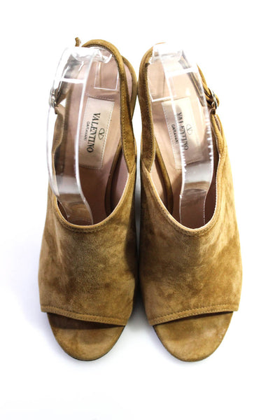 Valentino Garavani Womens Brown Suede Peep Toe Mules Heels Shoes Size 5.5