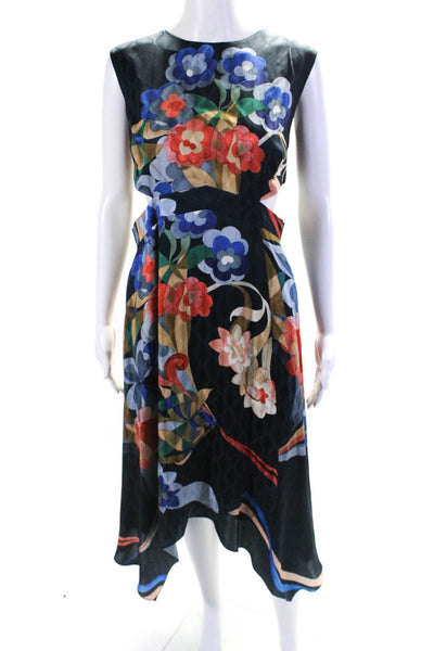 Fendi Womens Satin Floral Printed Sleeveless A-Line Midi Dress Navy Size 46