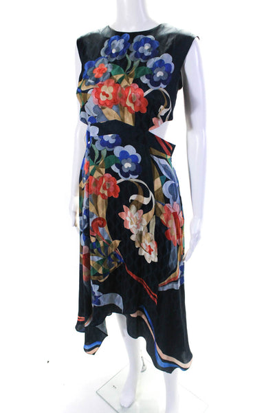 Fendi Womens Satin Floral Printed Sleeveless A-Line Midi Dress Navy Size 46
