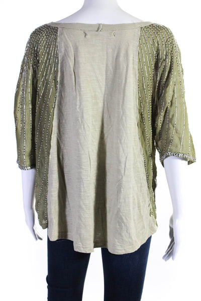 We The Free Womens Short Sleeve Scoop Neck Beaded Trim Shirt Green Size Small