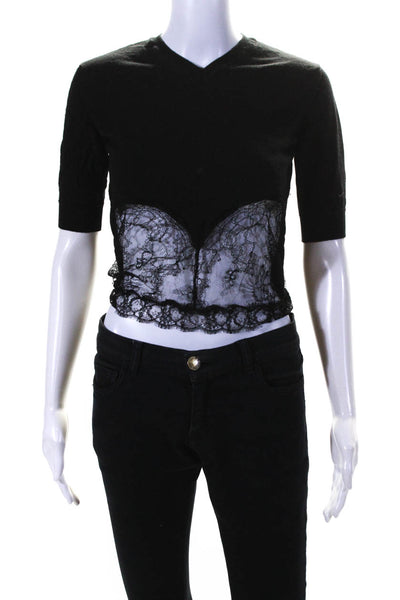 N 21 Women's Round Neck Short Sleeves Lace Trim Pullover Sweater Black Size S