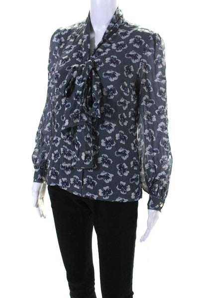 Tory Burch Women's V-Neck Long Sleeves Button Gray Floral Silk Blouse Size 2