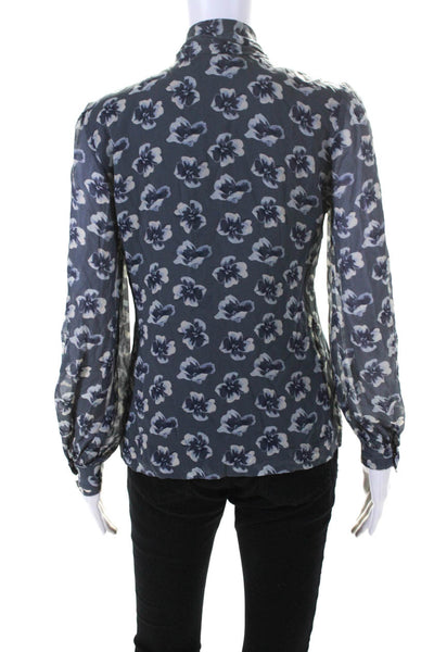 Tory Burch Women's V-Neck Long Sleeves Button Gray Floral Silk Blouse Size 2