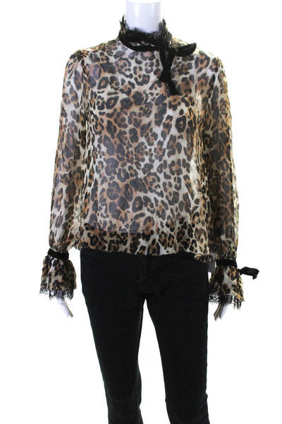 Intermix Women's Lace Trim Long Sleeves Sheer Animal Print Silk Blouse Size S