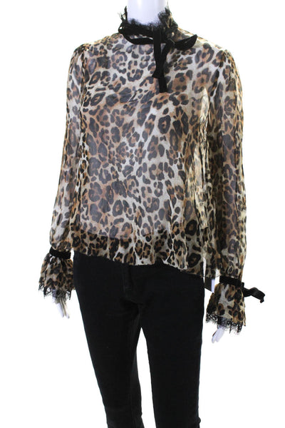 Intermix Women's Lace Trim Long Sleeves Sheer Animal Print Silk Blouse Size S