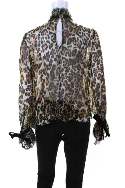 Intermix Women's Lace Trim Long Sleeves Sheer Animal Print Silk Blouse Size S