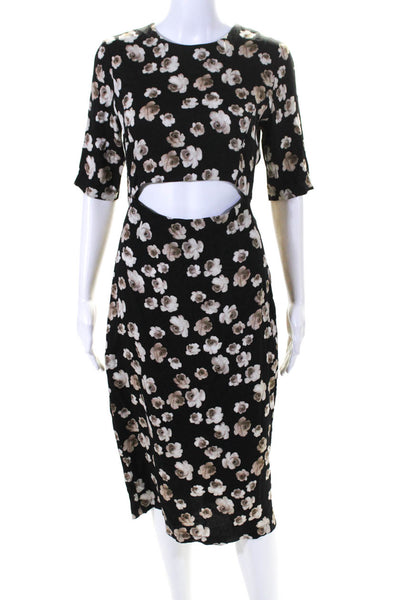 Suno Women's Round Neck Short Sleeves Cut-Out Black Floral Midi Dress Size 8