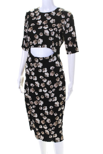 Suno Women's Round Neck Short Sleeves Cut-Out Black Floral Midi Dress Size 8