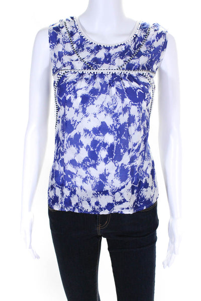 Rebecca Minkoff Womens Printed Sleeveless Babydoll Top Blouse Blue White Medium