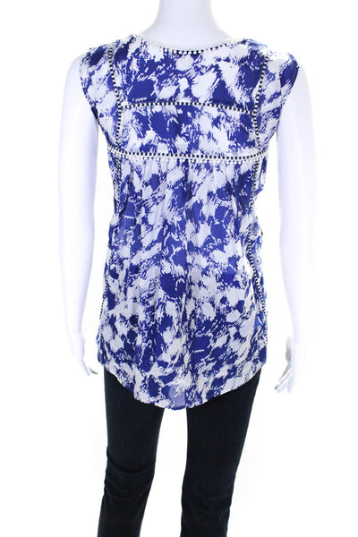 Rebecca Minkoff Womens Printed Sleeveless Babydoll Top Blouse Blue White Medium