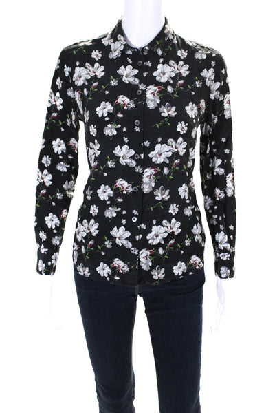 Equipment Femme Womens Silk Floral Print Long Sleeve Button Up Top Black Sz XS