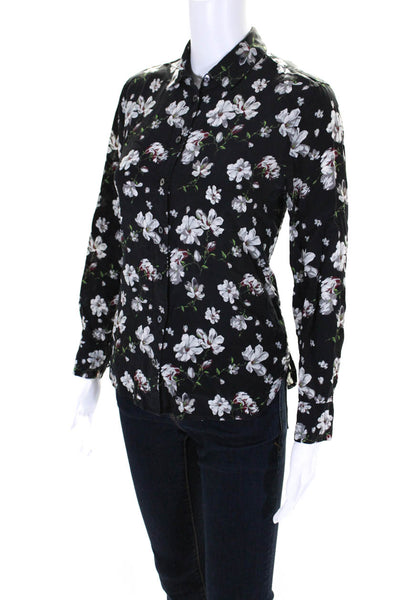 Equipment Femme Womens Silk Floral Print Long Sleeve Button Up Top Black Sz XS