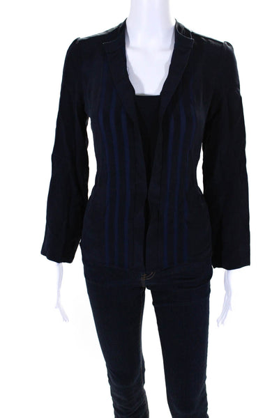 Derek Lam Womens Silk Crepe Striped Long Sleeve Blouse Top Midnight Blue Size 2