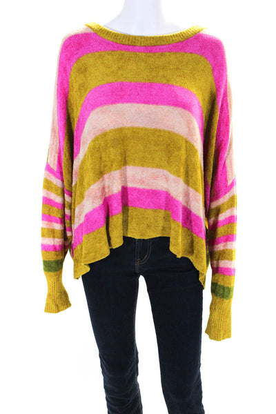 Free People Womens Scoop Neck Oversized Striped Knit Sweater Green Pink Size XS