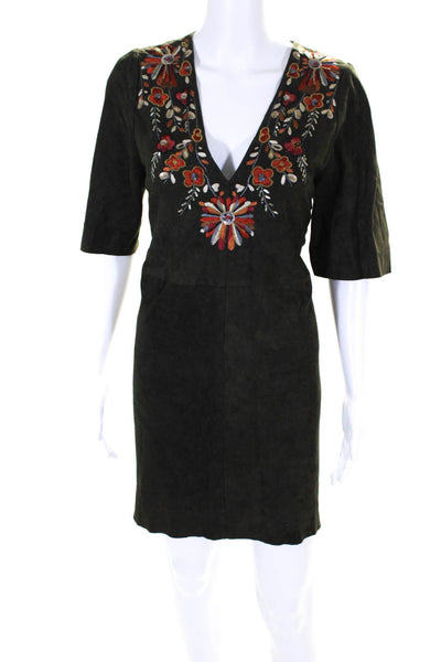 Antik Batik Womens Half Sleeve Floral Embroidered Suede Dress Green Size Small