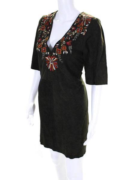 Antik Batik Womens Half Sleeve Floral Embroidered Suede Dress Green Size Small