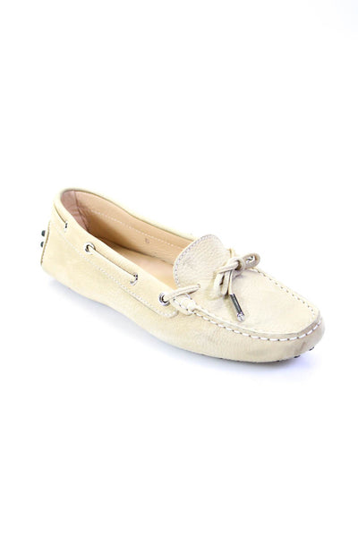 Tods Womens Leather Bow Slip On Loafer Boat Shoes Beige Size 6