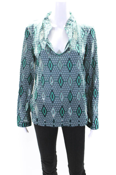 Tory Burch Womens Cotton Sequin V Neck Geometric Print Blouse Green Size 8