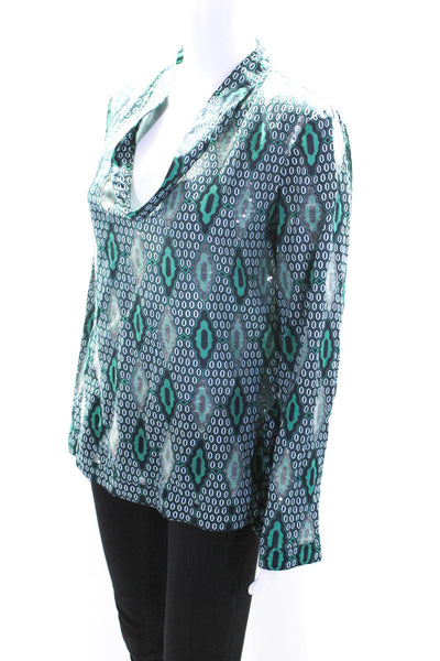 Tory Burch Womens Cotton Sequin V Neck Geometric Print Blouse Green Size 8