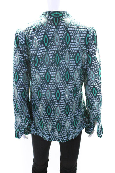 Tory Burch Womens Cotton Sequin V Neck Geometric Print Blouse Green Size 8