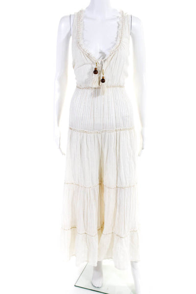 Free People Womens Striped Wide Leg Sleeveless Jumpsuit White Gold Size Large