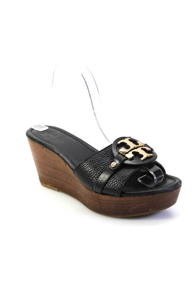 Tory Burch Womens Wedge Heel Platform Logo Slide Sandals Black Leather Size 7M