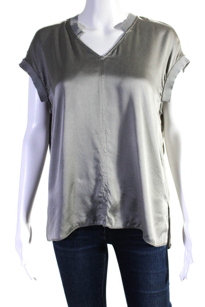 Go By GoSilk Womens Short Sleeve V Neck Silk Shirt Gray Size Medium