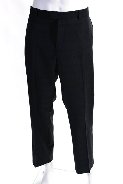 Theory Mens Zipper Fly Pleated Check Straight Leg Dress Pants Navy Wool Size 38