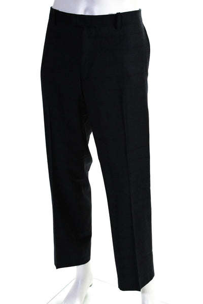 Theory Mens Zipper Fly Pleated Check Straight Leg Dress Pants Navy Wool Size 38