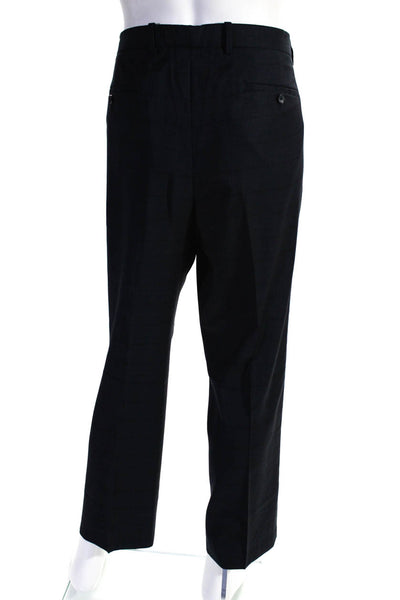 Theory Mens Zipper Fly Pleated Check Straight Leg Dress Pants Navy Wool Size 38