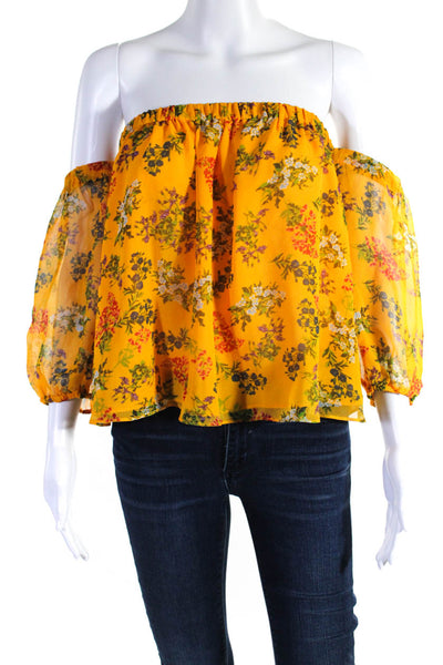 Ella Moss Womens Chiffon Floral Print Off The Shoulder Blouse Top Yellow Size S