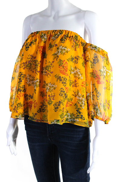 Ella Moss Womens Chiffon Floral Print Off The Shoulder Blouse Top Yellow Size S