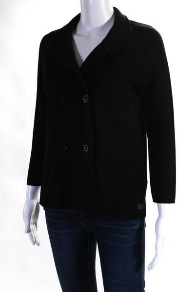 Lacoste Womens Wool Knit Mock Neck Button Up Cardigan Sweater Black Size 36