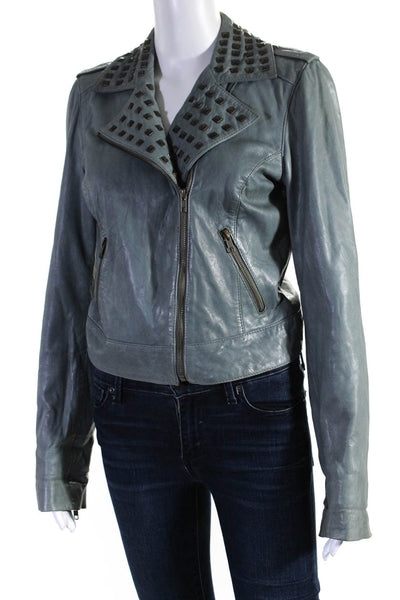 Trouve Womens Leather Studded Asymmetrical Zip Up Jacket Coat Blue Size S