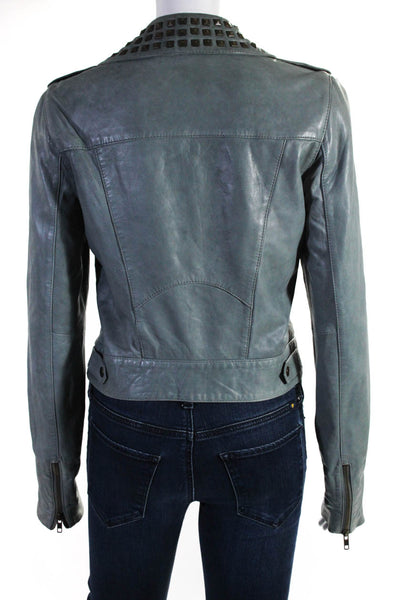 Trouve Womens Leather Studded Asymmetrical Zip Up Jacket Coat Blue Size S