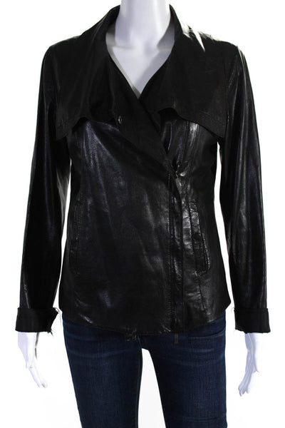 Vince Womens Leather Collared Asymmetrical Zip Up Jacket Coat Black Size M