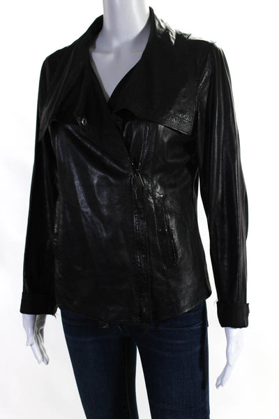 Vince Womens Leather Collared Asymmetrical Zip Up Jacket Coat Black Size M