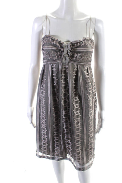 Lida Baday Womens Embroidered Striped Sleeveless Zip Up Mini Dress Taupe Size 8