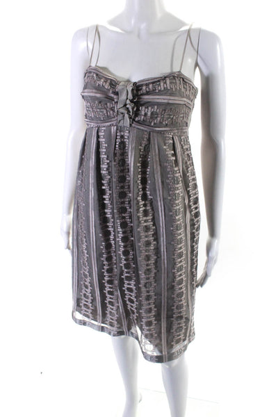 Lida Baday Womens Embroidered Striped Sleeveless Zip Up Mini Dress Taupe Size 8