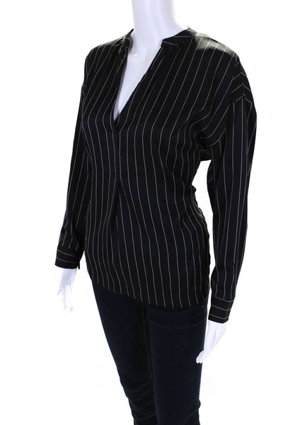 Sen Womens Satin Striped Print V-Neck Long Sleeve Tunic Blouse Top Black Size S