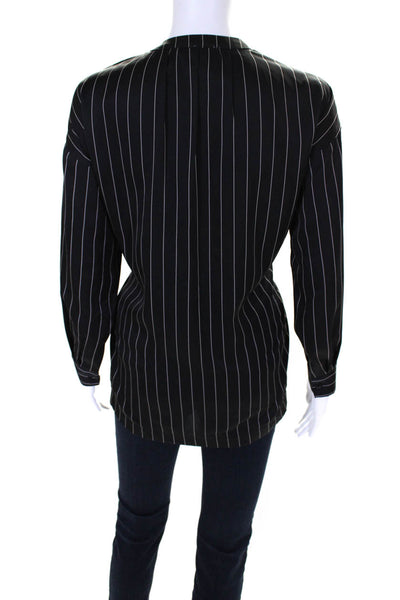 Sen Womens Satin Striped Print V-Neck Long Sleeve Tunic Blouse Top Black Size S