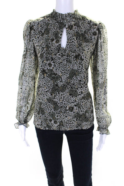 Drew Womens Floral Print Long Sleeve Mock Neck Keyhole Front Blouse Green Size S