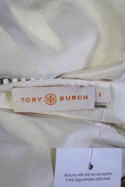 Tory Burch Womens Silk Long Sleeve V Neck Beaded Embellished Tunic Cream Size 2